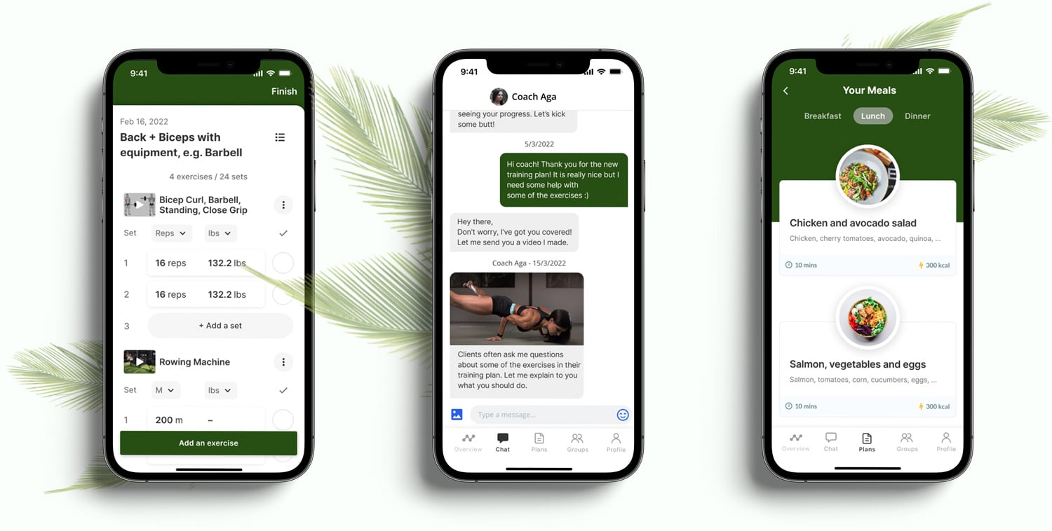 A mockup of the coaching app showcasing the different features.